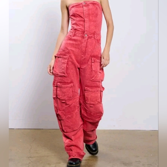 No1 Los Angeles Pants - Strapless Washed Red Cargo Jumpsuit Utility Pocket Y2K Streetwear Festival